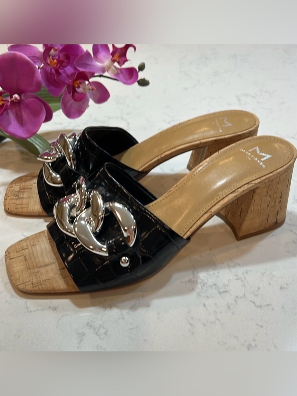Marc Fisher black Naniya slide sandals w/ silver chain embellishment size 9